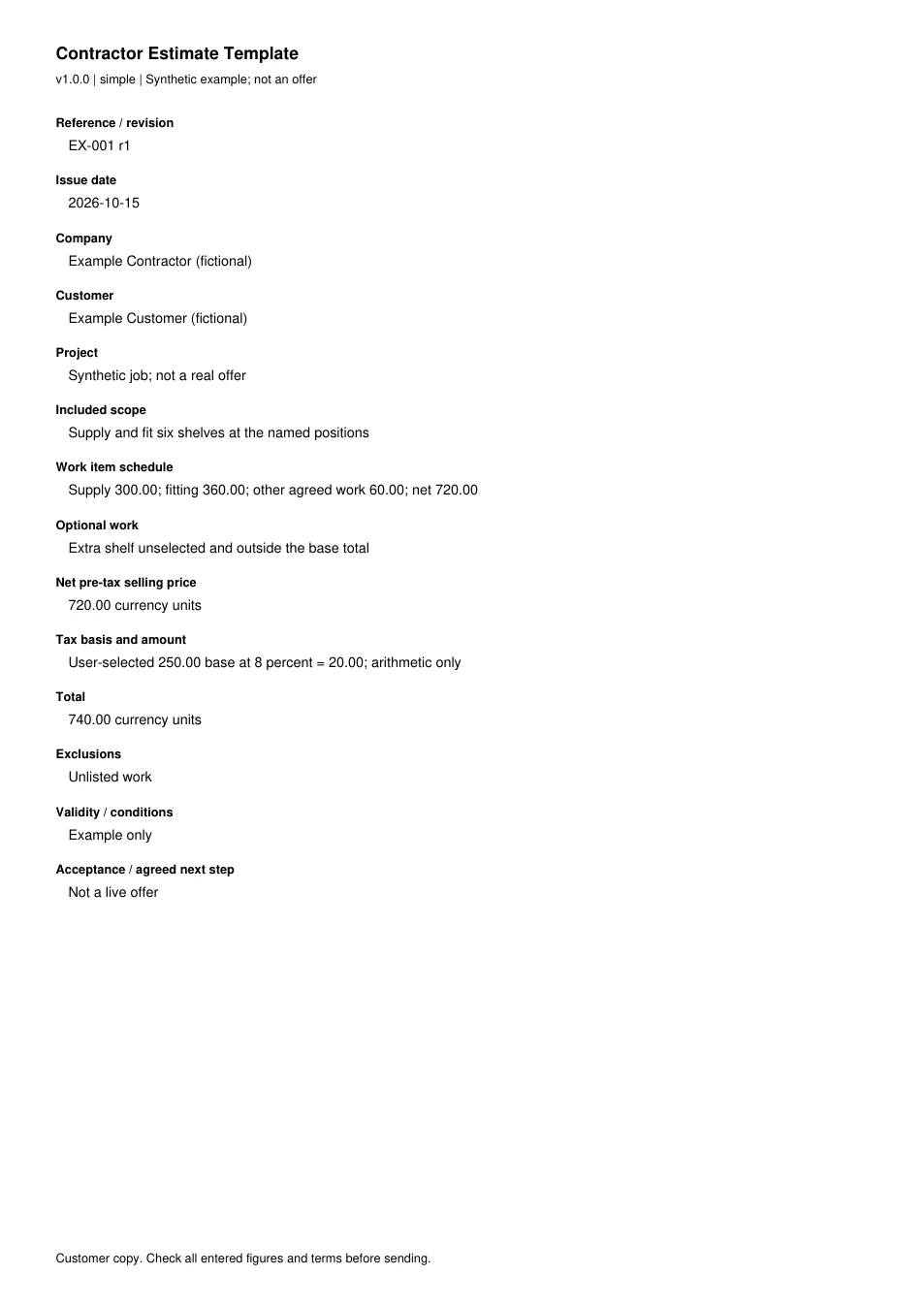 Original customer estimate example